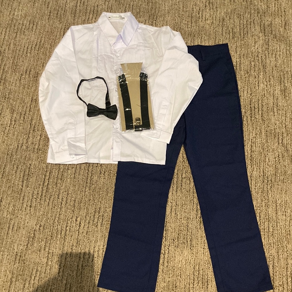 Size 10 boys formal dress shirt with slacks. Suspenders and adjustable bow tie
